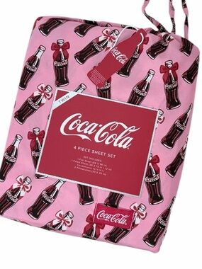 Coca Cola Pink bows Bottle Print Twin Sheet Set 4 Piece Bedding Set Coke New